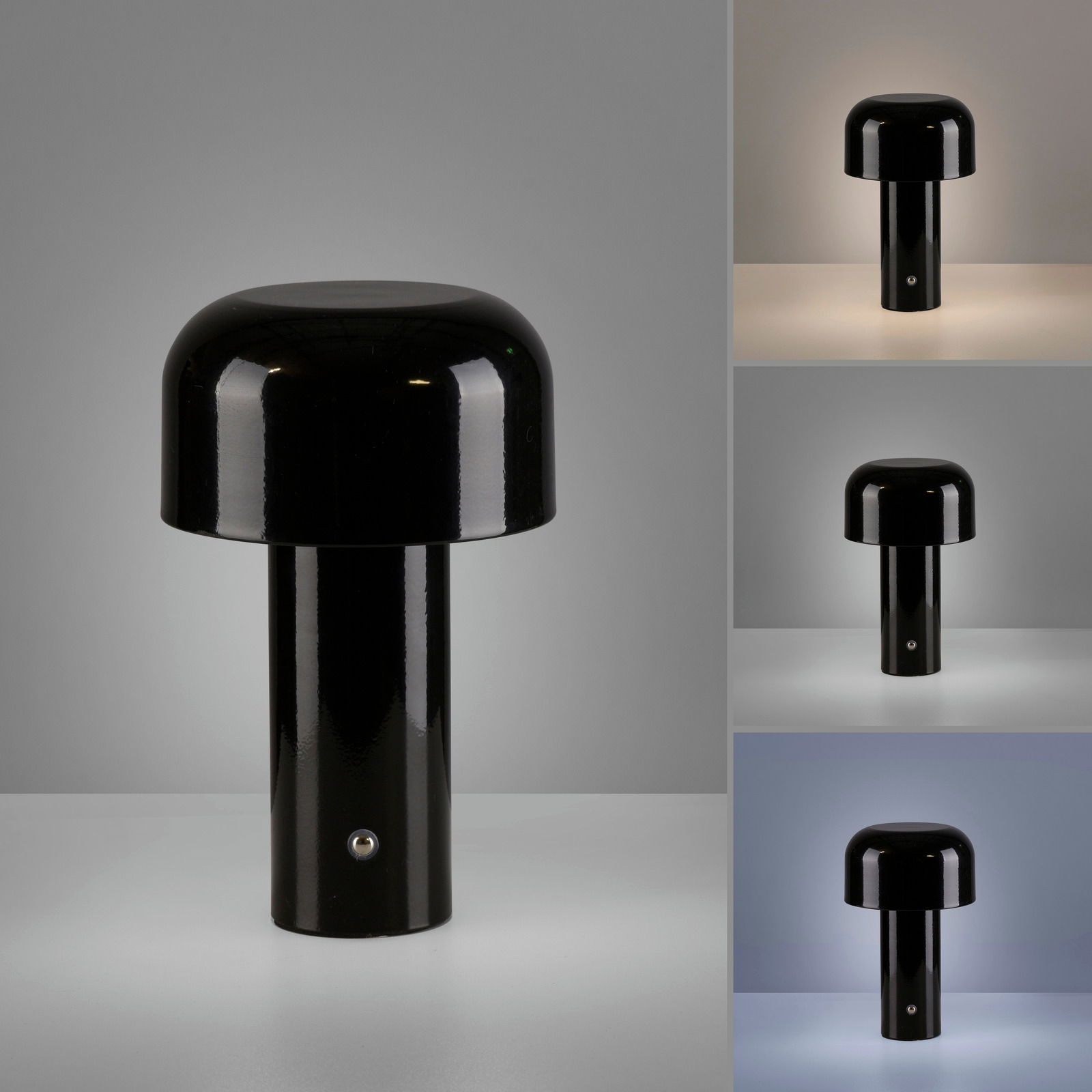 Schwarze Akku-Tischleuchte AGNES in zylindrischer Form, frontal fotografiert, mit verschiedenen Lichtstimmungen.