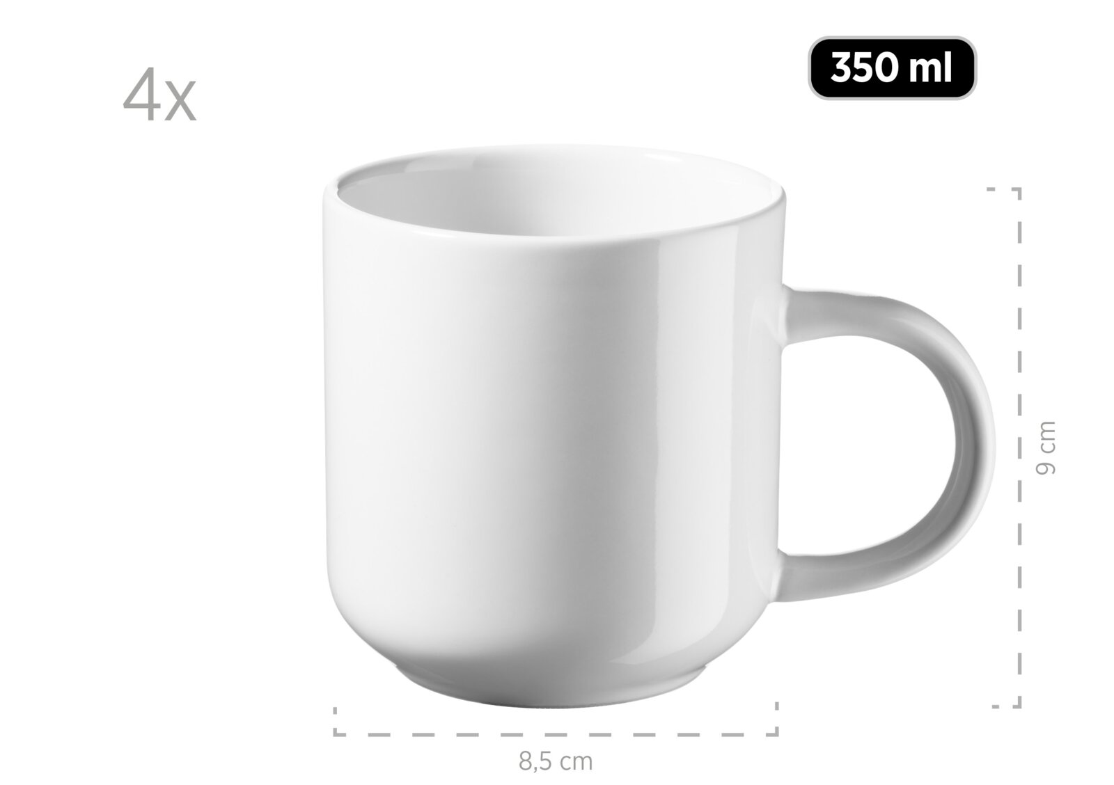 Weiße Keramik-Kaffeetasse mit Henkel, 350 ml, ca. 9 cm hoch und 8,5 cm Durchmesser, Produktansicht schräg von vorn auf weißem Hintergrund