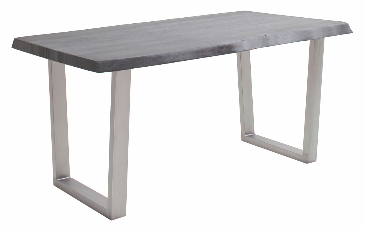 Moderner Esstisch mit dunkler Holzplatte und silbernen Metallbeinen, seitliche Perspektive