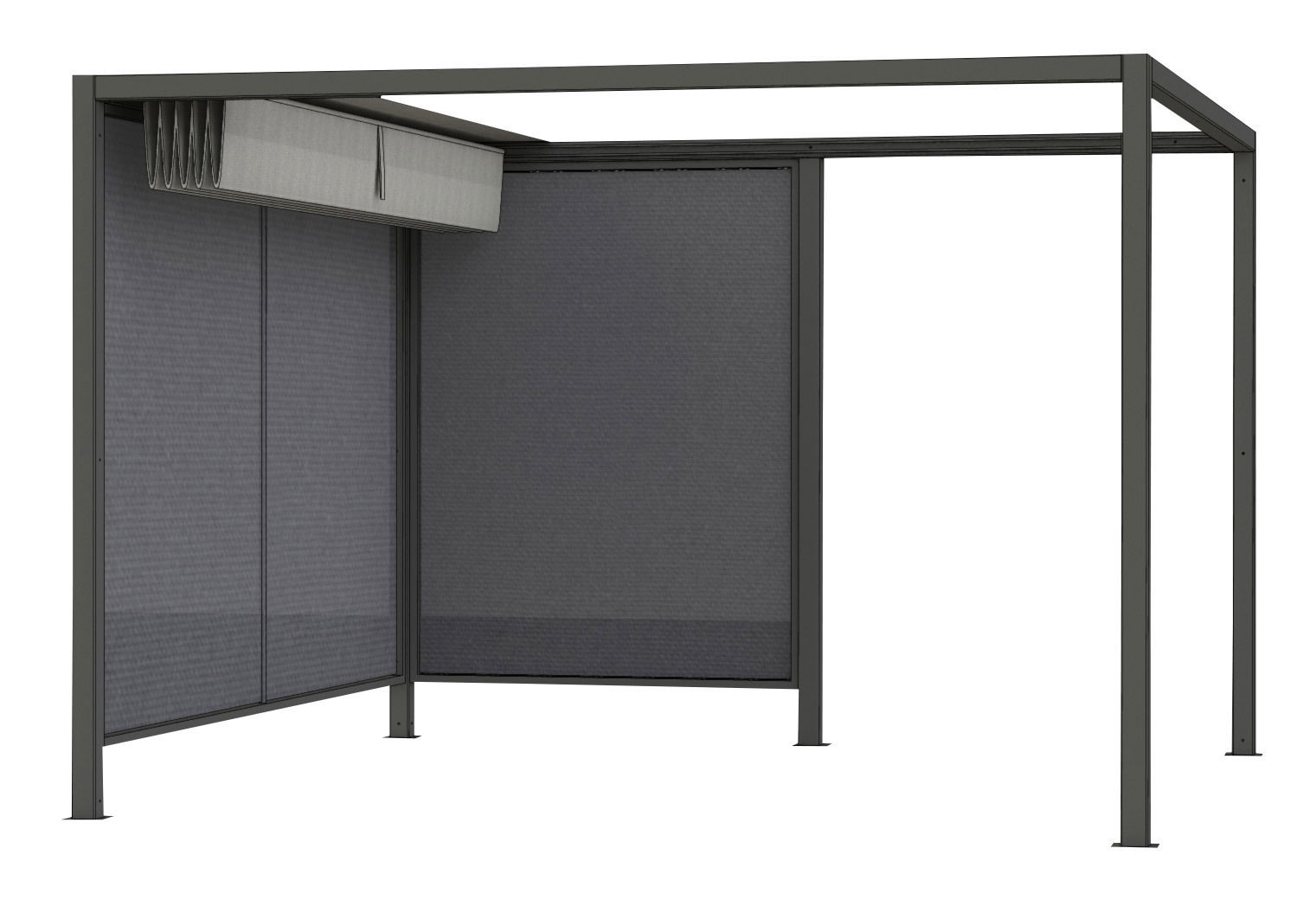 Moderner Sichtschutz mit stabilem Metallrahmen und grauen Paneelen, seitliche Perspektive.