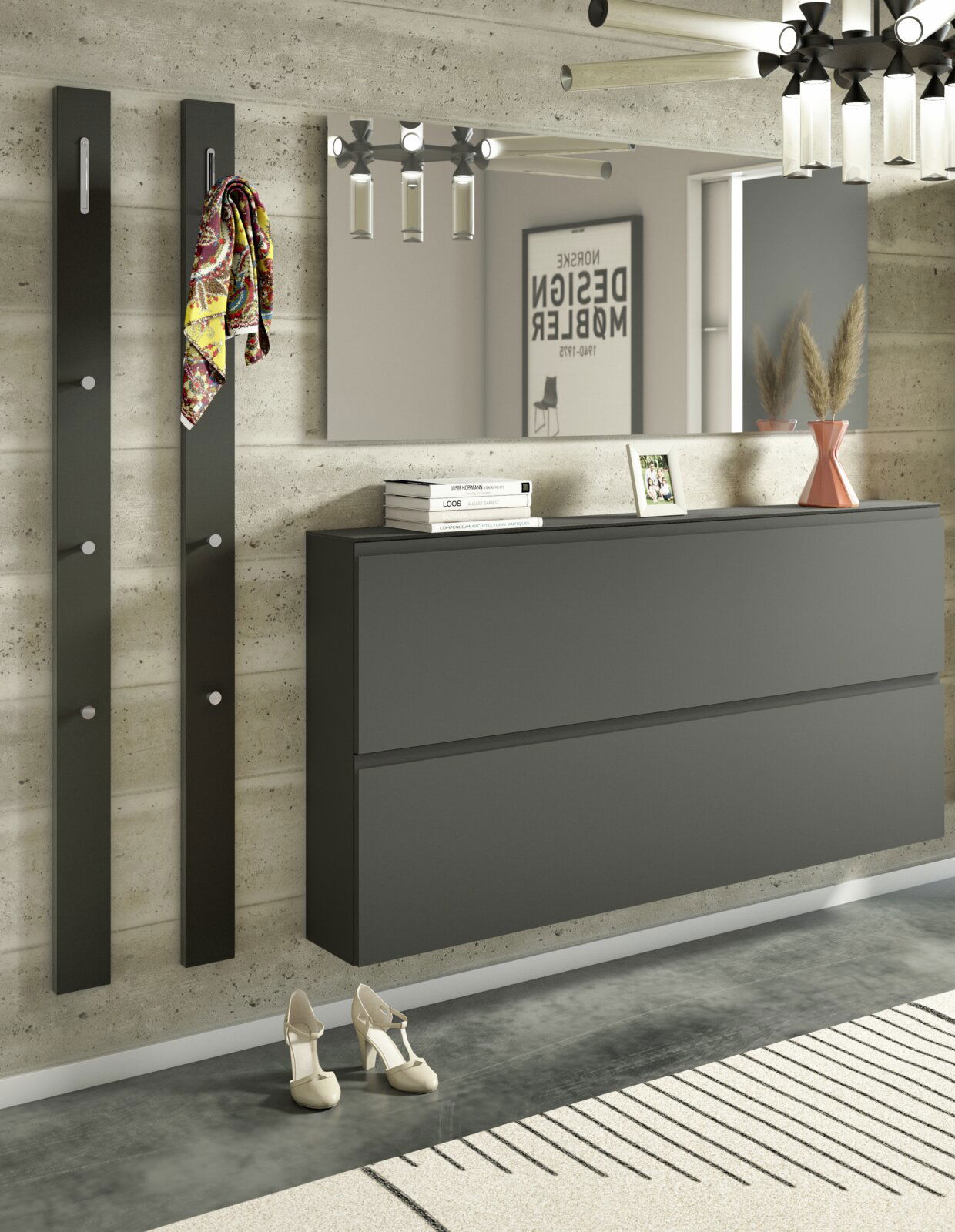 Moderano Garderoben-Set LECCO Modernes Garderobenset mit zwei schwarzen Wandpaneelen mit Haken, einem großen Spiegel und einem schwarzen Schrank, seitliche Perspektive.