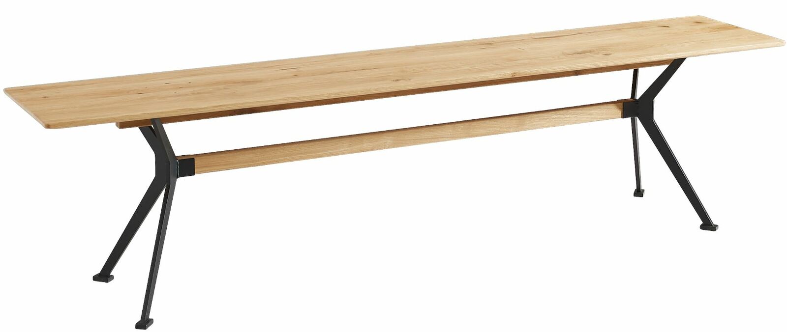 Holz-Sitzbank mit Metallbeinen, seitliche Perspektive