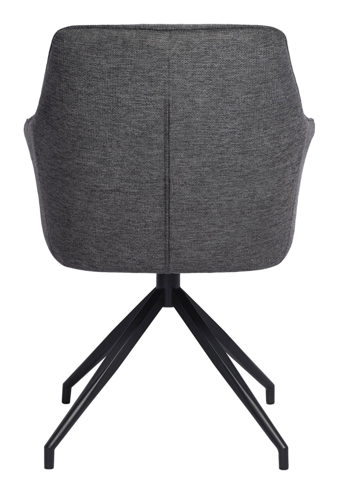 Rückansicht eines grauen Armlehnstuhls mit schwarzem Metallgestell.