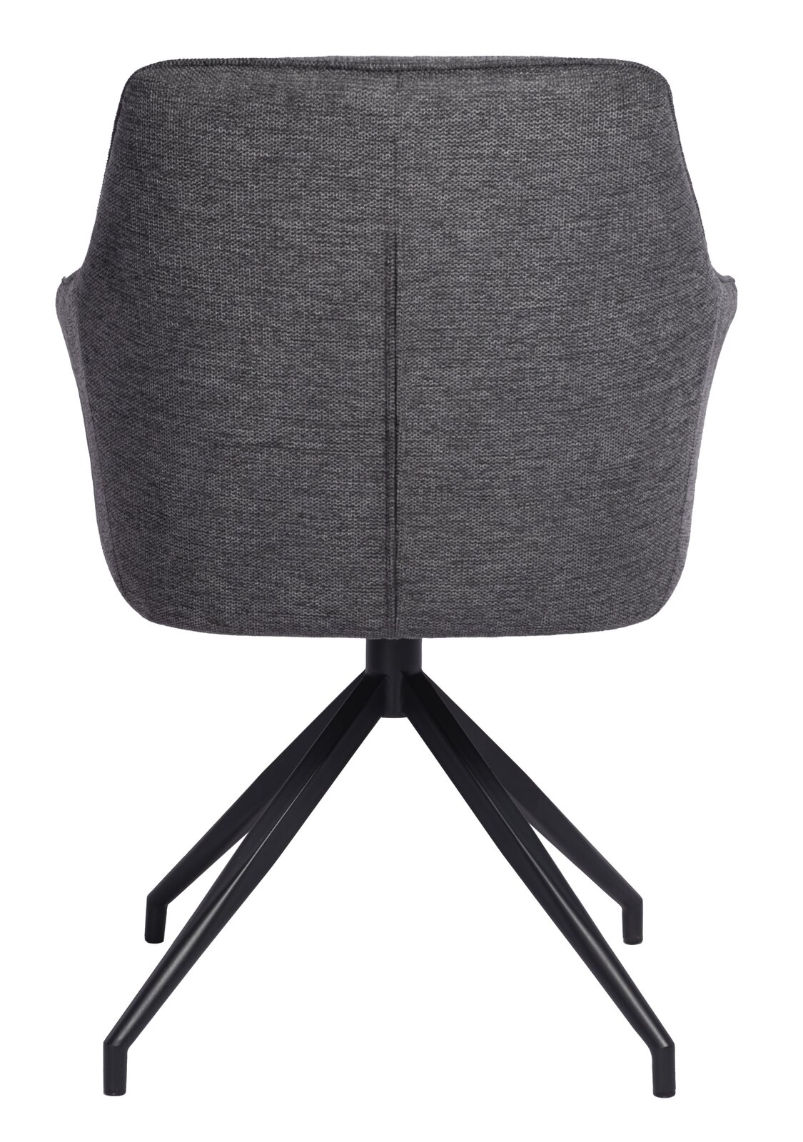 Rückansicht eines grauen Armlehnstuhls mit schwarzem Metallgestell.