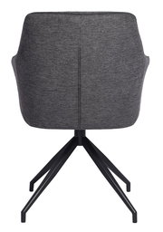 Rückansicht eines grauen Armlehnstuhls mit schwarzem Metallgestell.