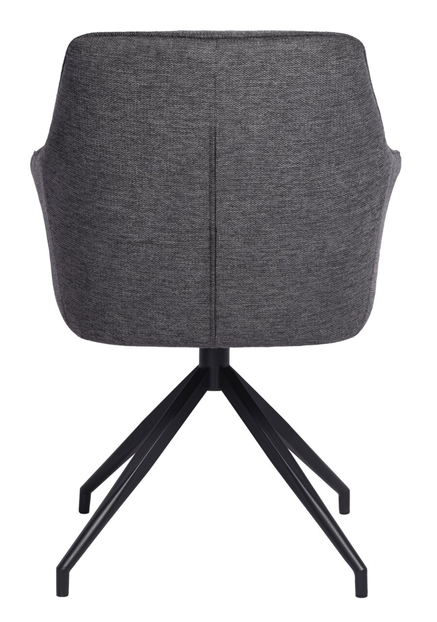 Rückansicht eines grauen Armlehnstuhls mit schwarzem Metallgestell.