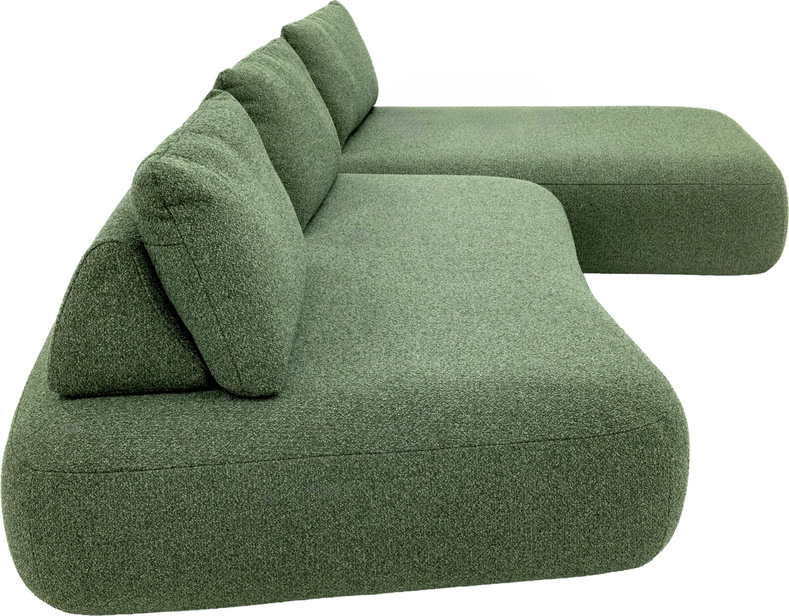 Grünes, modular wirkendes Polster-Sofa mit Chaiselongue rechts und zwei Rückenkissen, Ansicht schräg von hinten/seitlich vor weißem Hintergrund