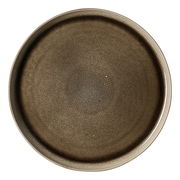 Runder, brauner Platzteller mit einem Durchmesser von 33,5 cm, aus der Vogelperspektive fotografiert.