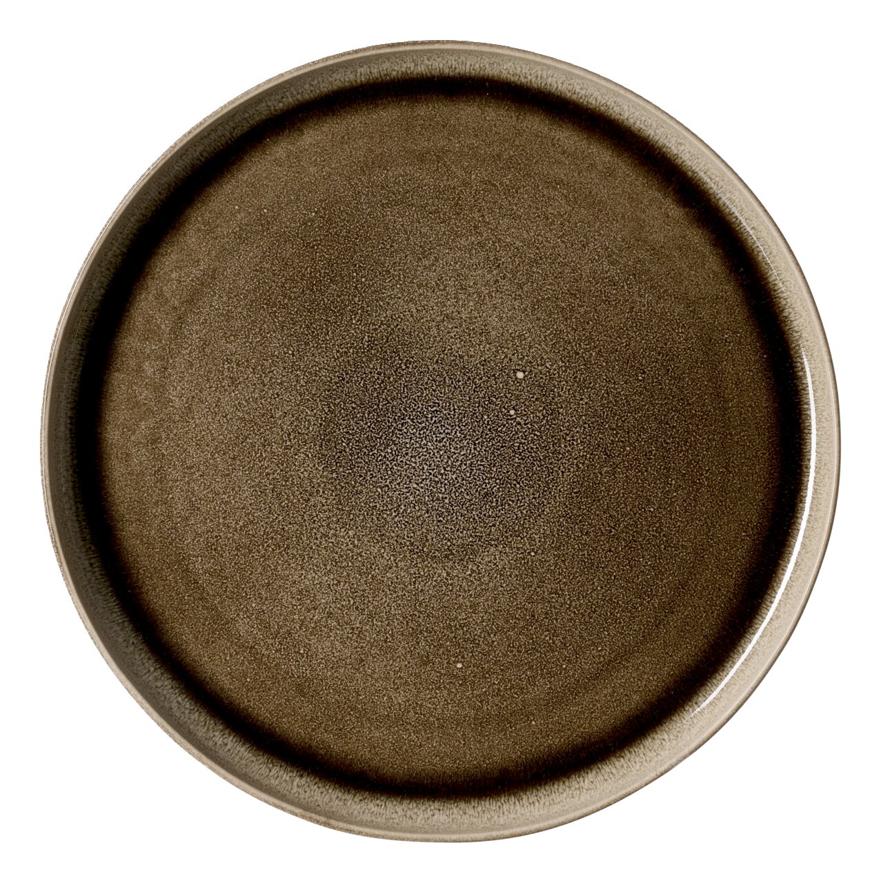 Runder, brauner Platzteller mit einem Durchmesser von 33,5 cm, aus der Vogelperspektive fotografiert.