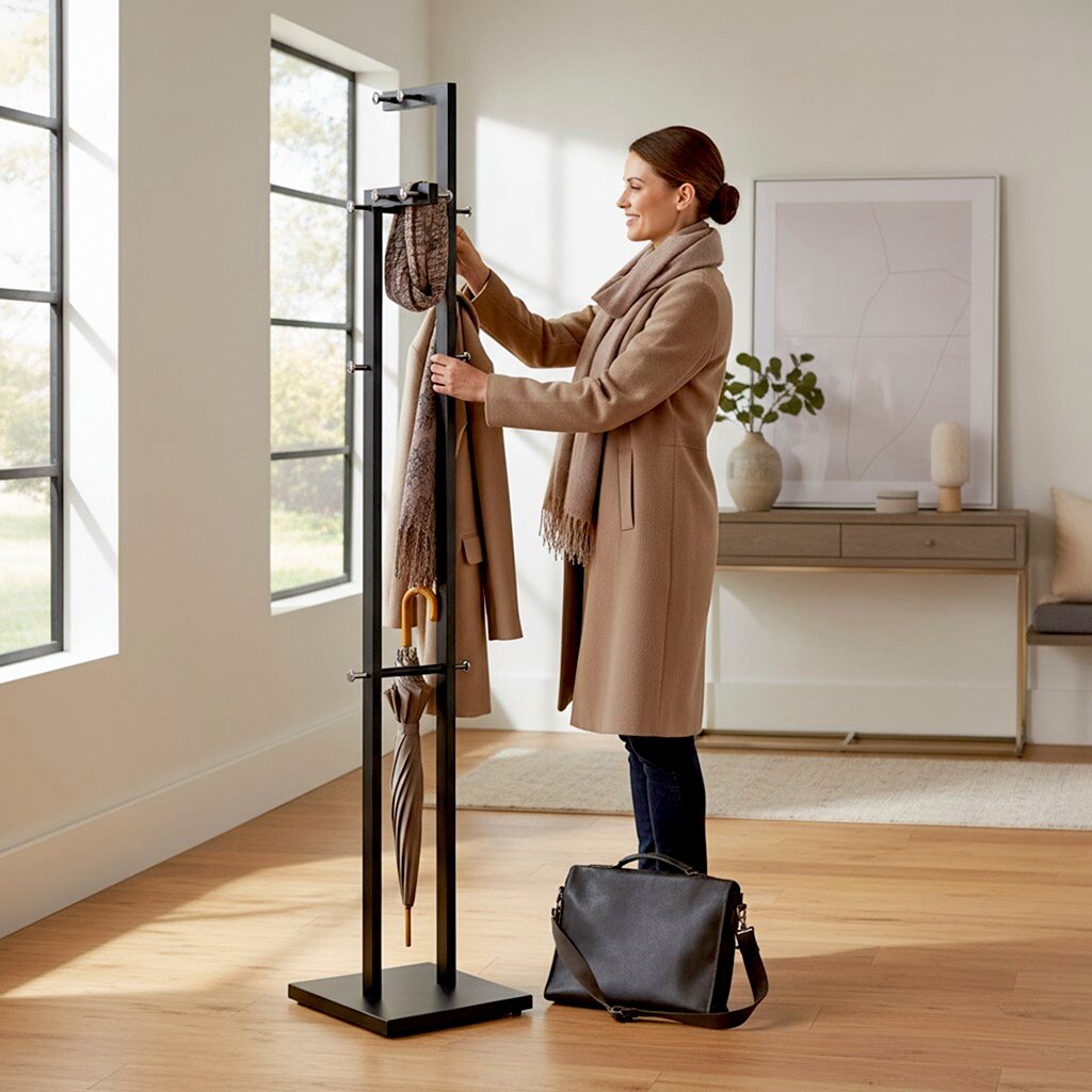 Moderne schwarze Standgarderobe aus Metall mit mehreren Haken und Ablage, daran Mantel, Schal, Mütze und Regenschirm; seitliche Perspektive im hellen Eingangsbereich.