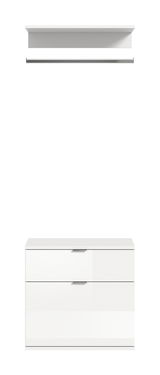 Weiße Kommode mit zwei Schubladen und einem darüberliegenden Regal, Frontalansicht.