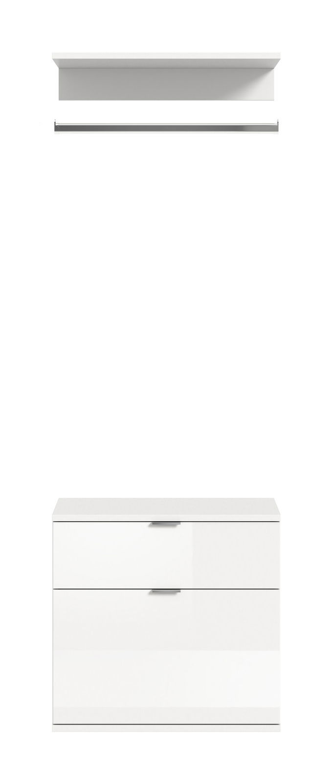 Weiße Kommode mit zwei Schubladen und einem darüberliegenden Regal, Frontalansicht.