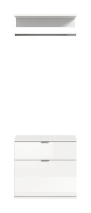 Weiße Kommode mit zwei Schubladen und einem darüberliegenden Regal, Frontalansicht.