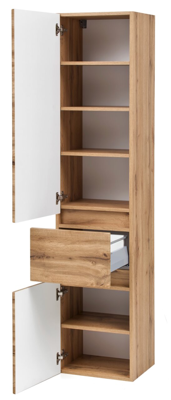 Hoge houten kast met open deuren en een lade, vooraanzicht