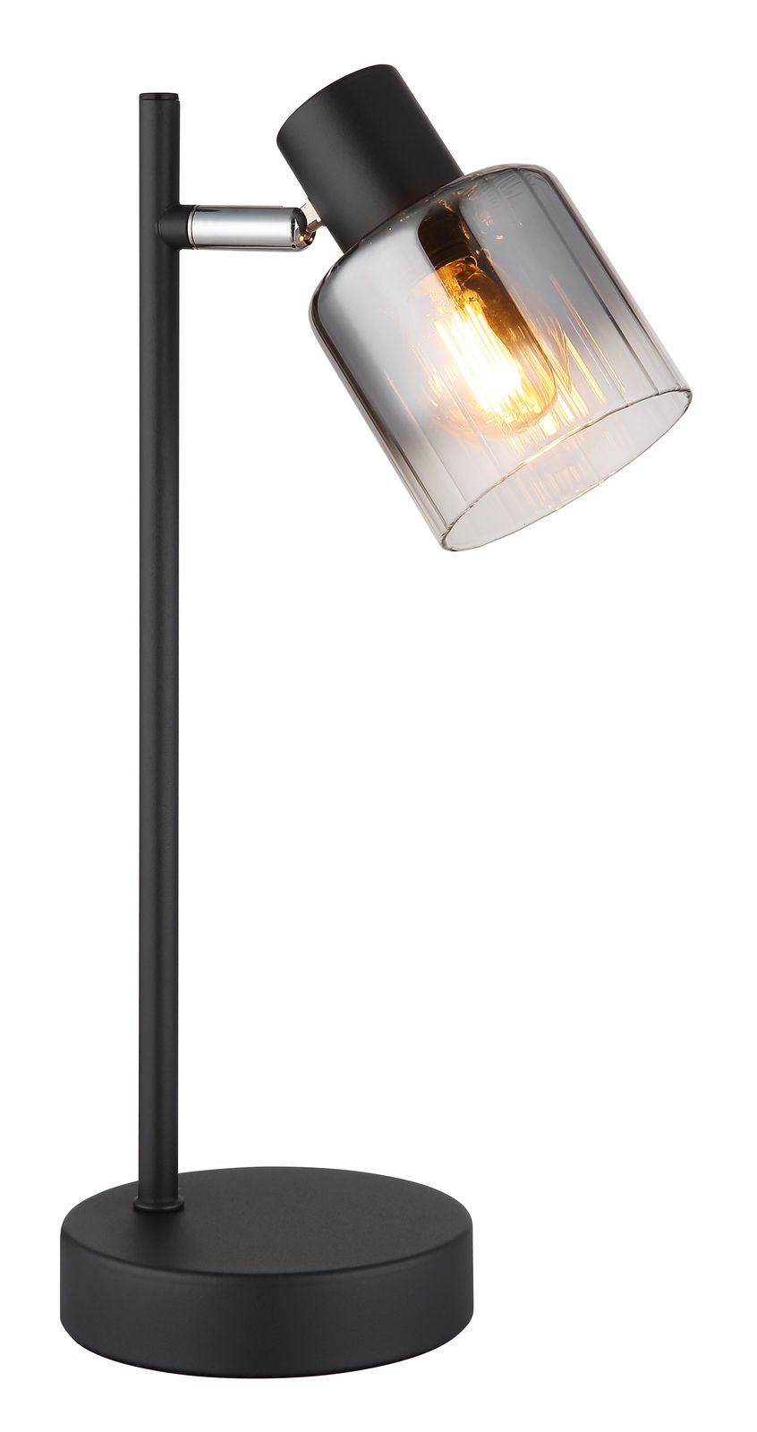 Moderne Tischleuchte mit schwarzem Metallgestell und rauchgrauem Glasschirm, seitliche Perspektive