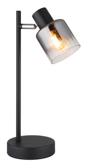 Moderne Tischleuchte mit schwarzem Metallgestell und rauchgrauem Glasschirm, seitliche Perspektive