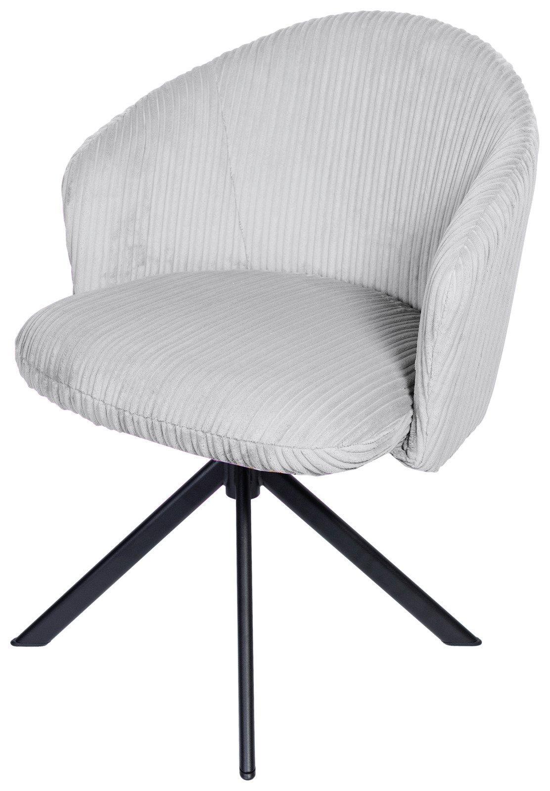 Grauer Armlehnstuhl mit geripptem Stoffbezug und schwarzem Metallgestell, seitliche Perspektive