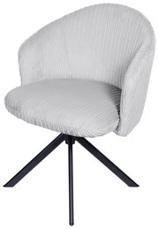 Grauer Armlehnstuhl mit geripptem Stoffbezug und schwarzem Metallgestell, seitliche Perspektive