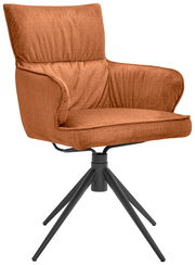 Moderner Armlehnstuhl in Rostfarbe mit gepolstertem Sitz und Rückenlehne, auf schwarzem Metallgestell. Seitenansicht.