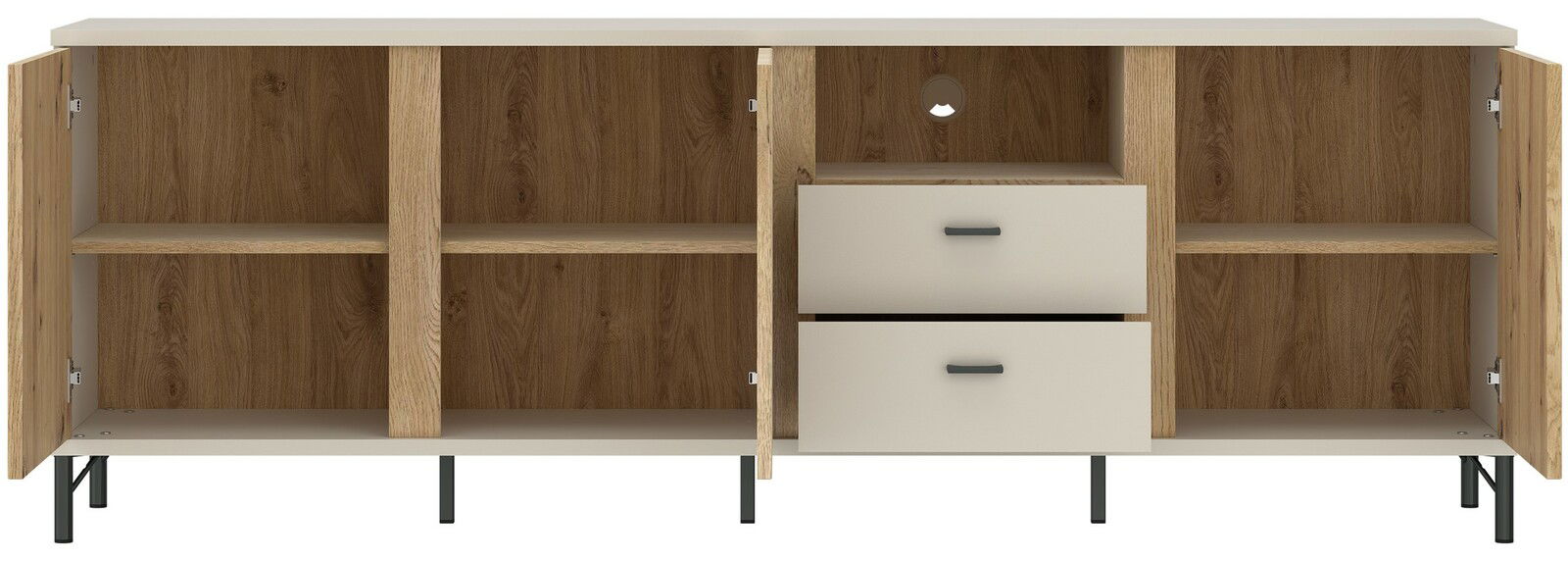 Frontansicht eines TV-Lowboards mit offenen Türen und Schubladen, Holzoptik mit schwarzen Beinen.