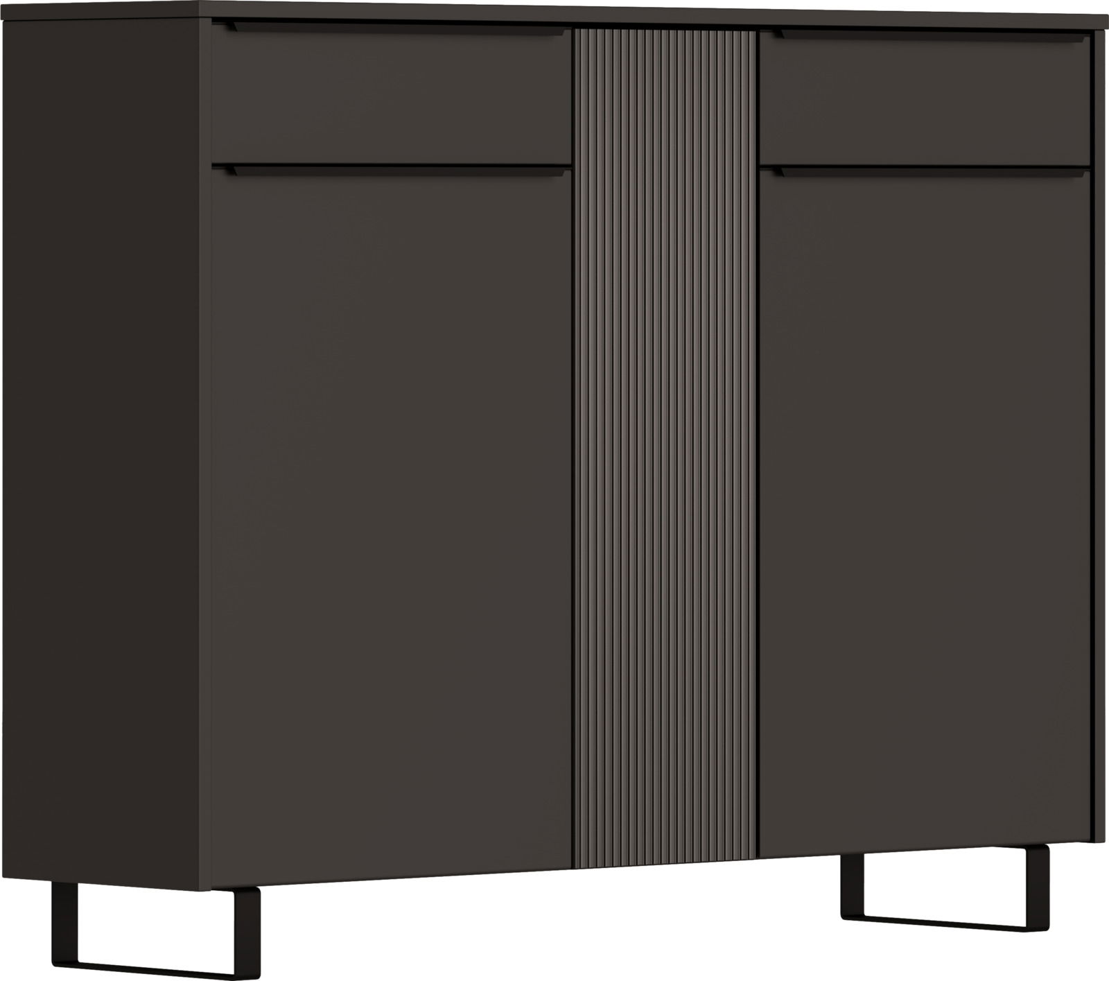 Dieter Knoll XL-Schuhschrank TURIN Moderner XL-Schuhschrank in dunklem Design, frontal betrachtet, mit zwei Türen und geriffeltem Mittelteil.