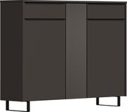 Moderner XL-Schuhschrank in dunklem Design, frontal betrachtet, mit zwei Türen und geriffeltem Mittelteil.