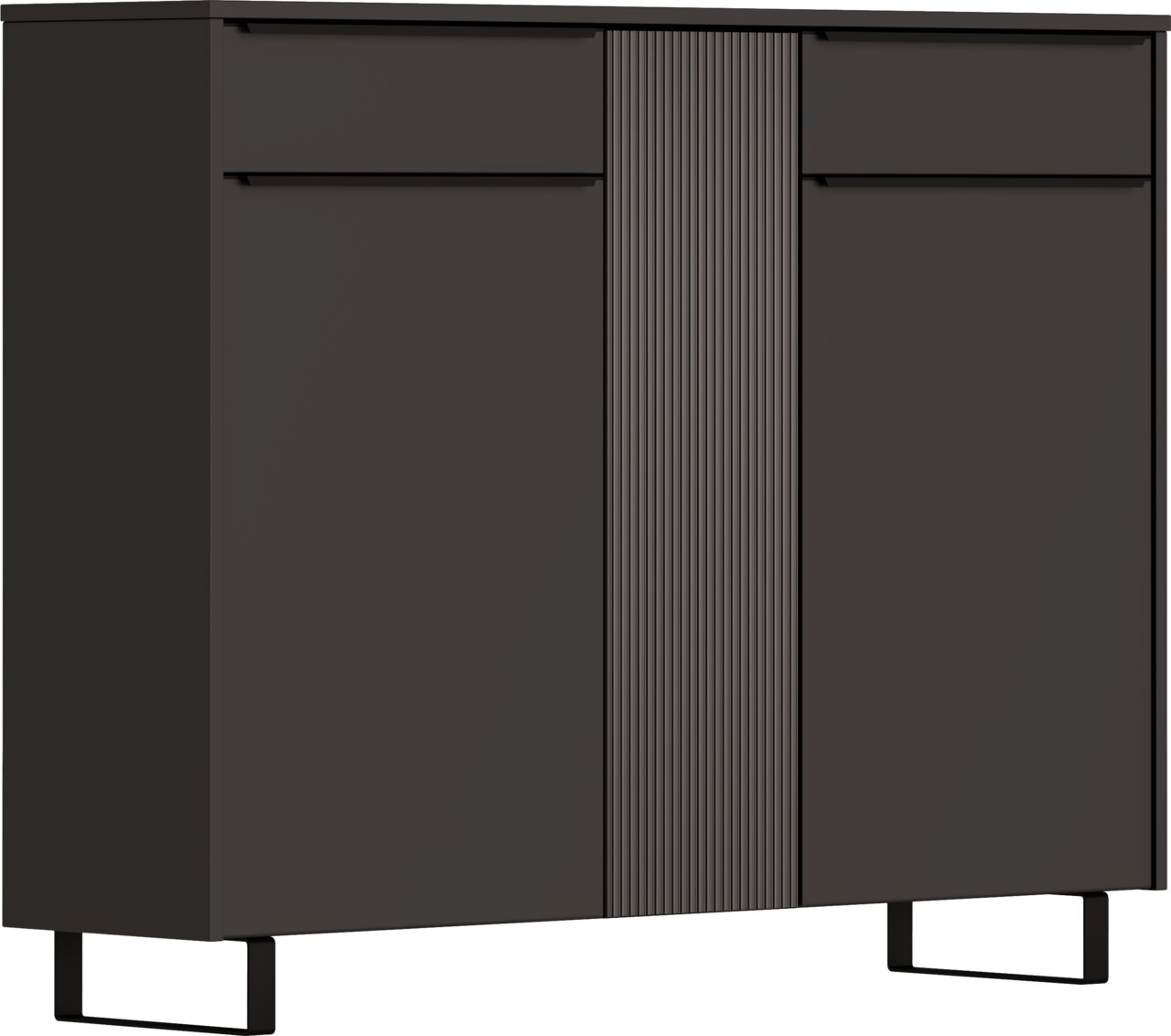 Moderner XL-Schuhschrank in dunklem Design, frontal betrachtet, mit zwei Türen und geriffeltem Mittelteil.
