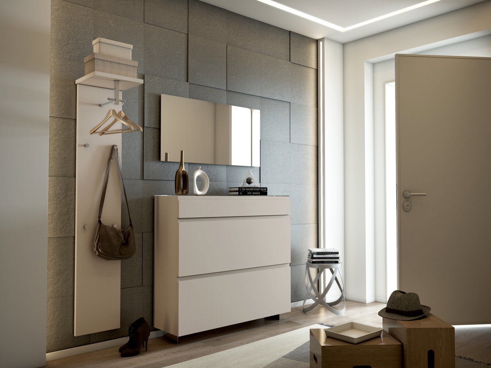 Garderobenset in modernem Flur, bestehend aus einer Wandgarderobe mit Haken und Ablage, einem Spiegel und einer Kommode, seitliche Perspektive.