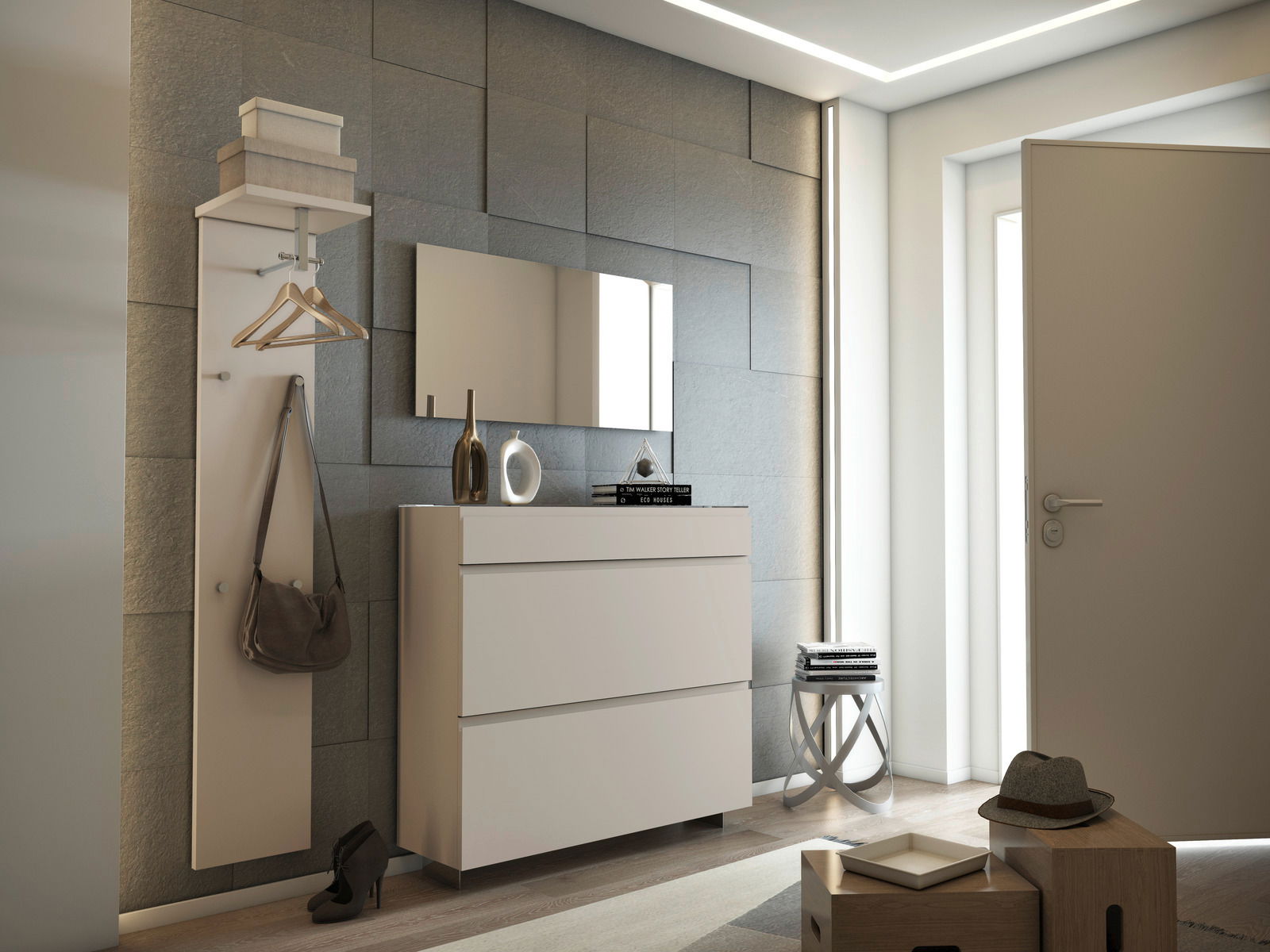 Moderano Garderoben-Set LECCO Garderobenset in modernem Flur, bestehend aus einer Wandgarderobe mit Haken und Ablage, einem Spiegel und einer Kommode, seitliche Perspektive.