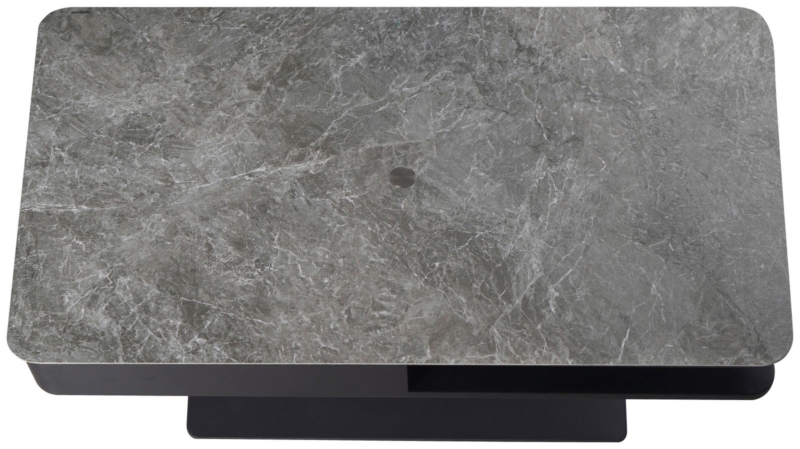 Rechteckiger Couchtisch mit grauer Marmoroptik, von oben betrachtet.