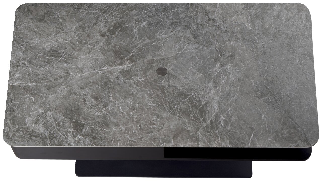 Rechteckiger Couchtisch mit grauer Marmoroptik, von oben betrachtet.