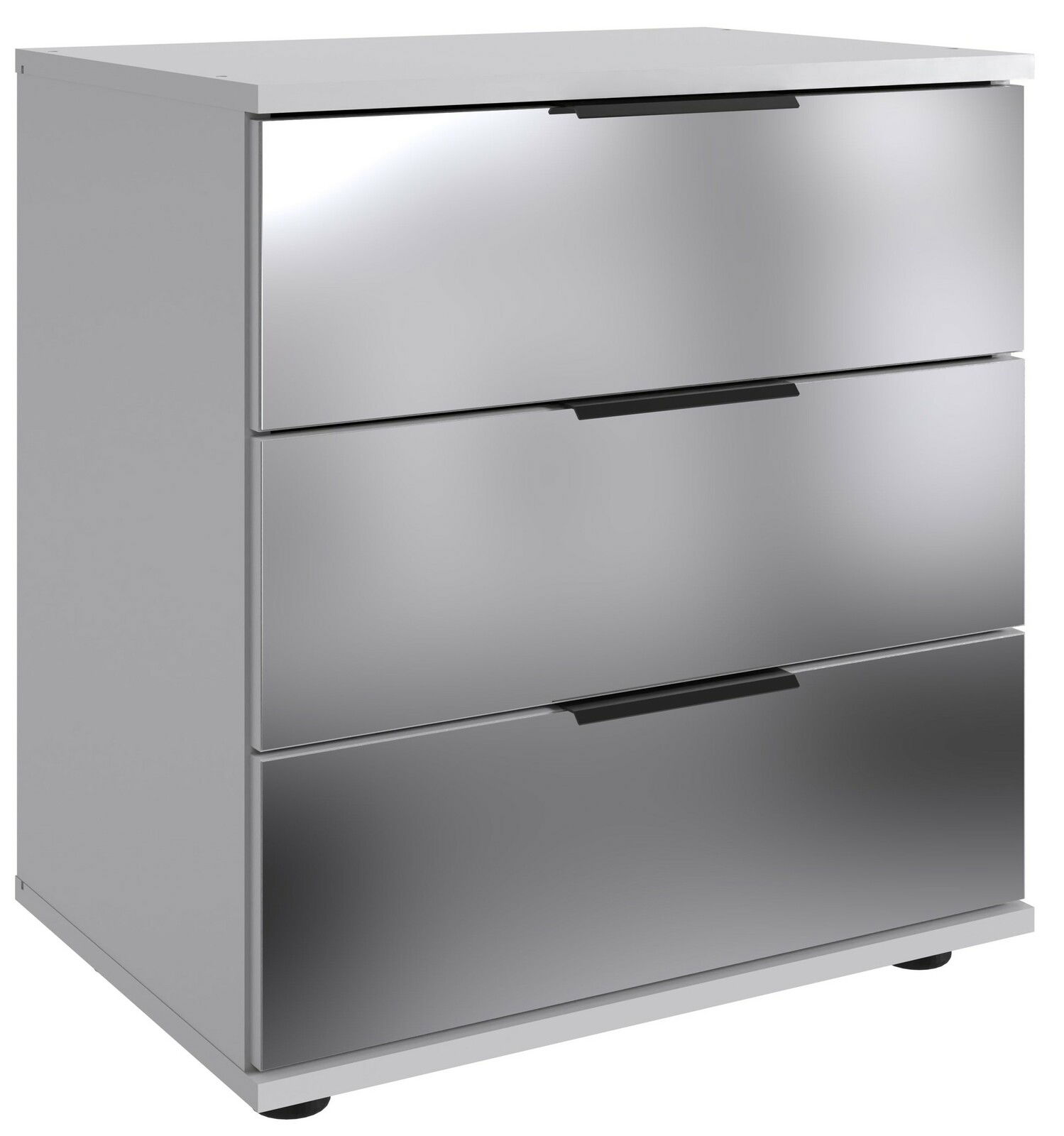 Moderne Nachtkommode mit drei Schubladen in glänzendem Silber, seitliche Perspektive