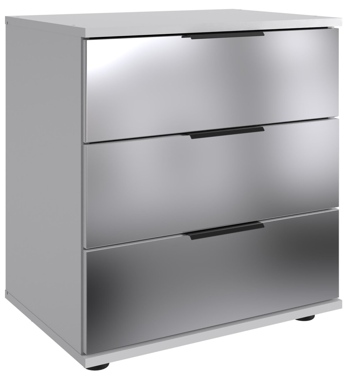 Z2 Nachtkommode SAIGON Moderne Nachtkommode mit drei Schubladen in glänzendem Silber, seitliche Perspektive