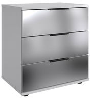 Moderne Nachtkommode mit drei Schubladen in glänzendem Silber, seitliche Perspektive