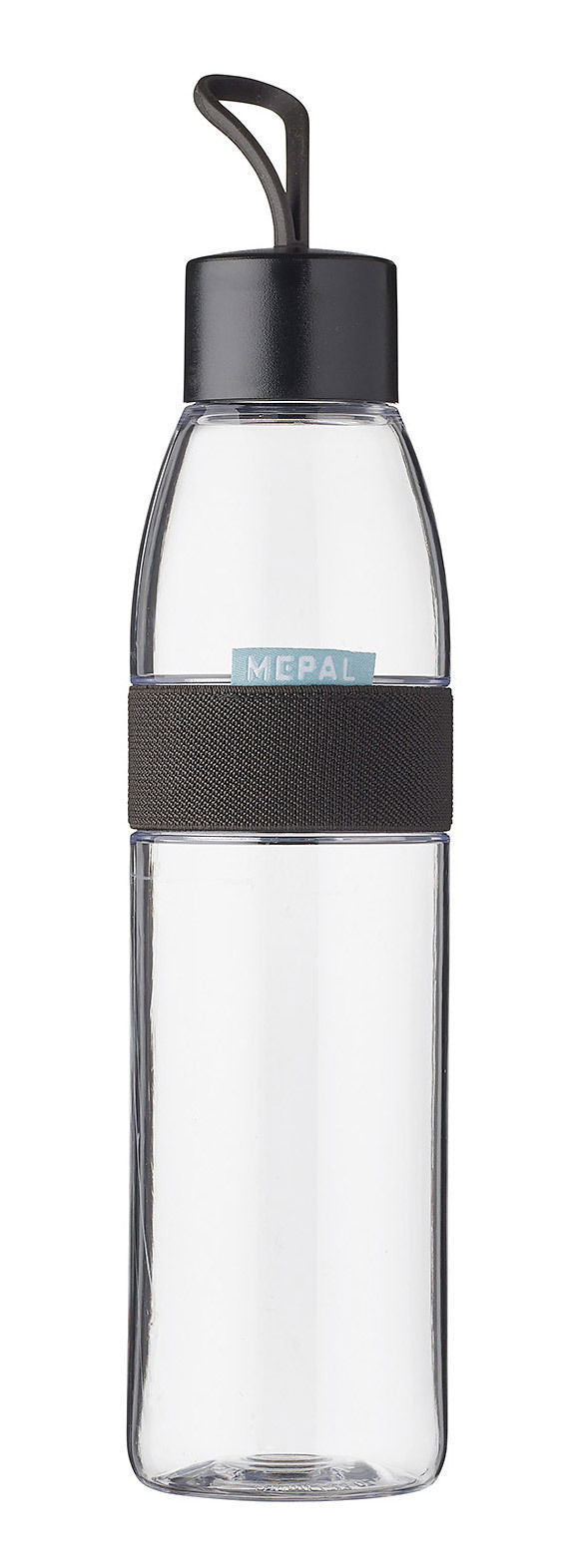 Transparente Trinkflasche Ellipse 700 ml mit schwarzem Deckel und Griff, Vorderansicht