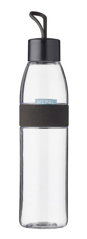 Transparente Trinkflasche Ellipse 700 ml mit schwarzem Deckel und Griff, Vorderansicht