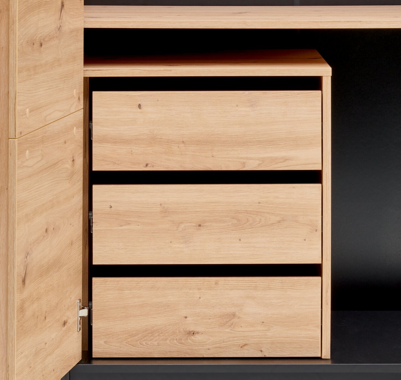 Schubladen-Container aus Holz mit drei Schubladen, seitliche Perspektive