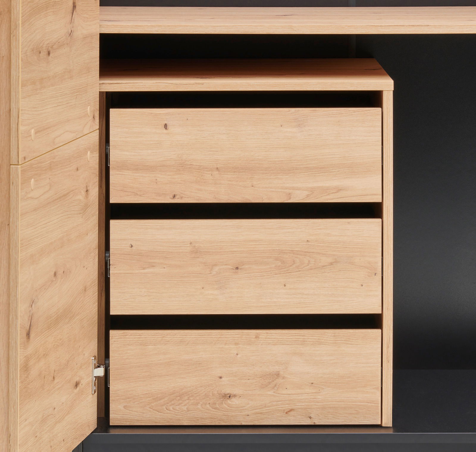 Schubladen-Container aus Holz mit drei Schubladen, seitliche Perspektive