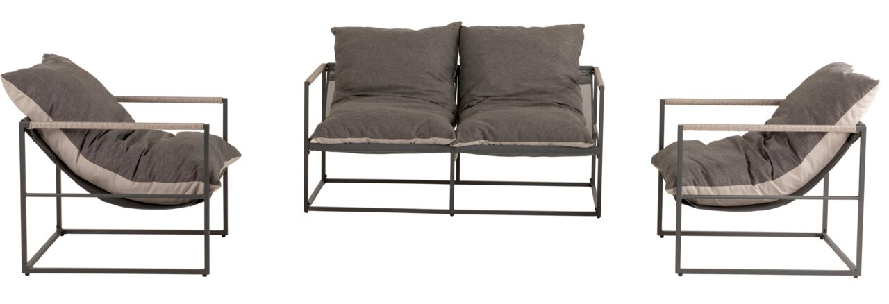 Amatio Lounge-Sofa 2-sitzig MELINA Dreiteiliges Lounge-Set mit einem 2-sitzigen Sofa und zwei Sesseln in modernem Design, frontal und seitlich abgebildet.