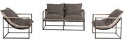 Dreiteiliges Lounge-Set mit einem 2-sitzigen Sofa und zwei Sesseln in modernem Design, frontal und seitlich abgebildet.