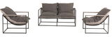 Dreiteiliges Lounge-Set mit einem 2-sitzigen Sofa und zwei Sesseln in modernem Design, frontal und seitlich abgebildet.