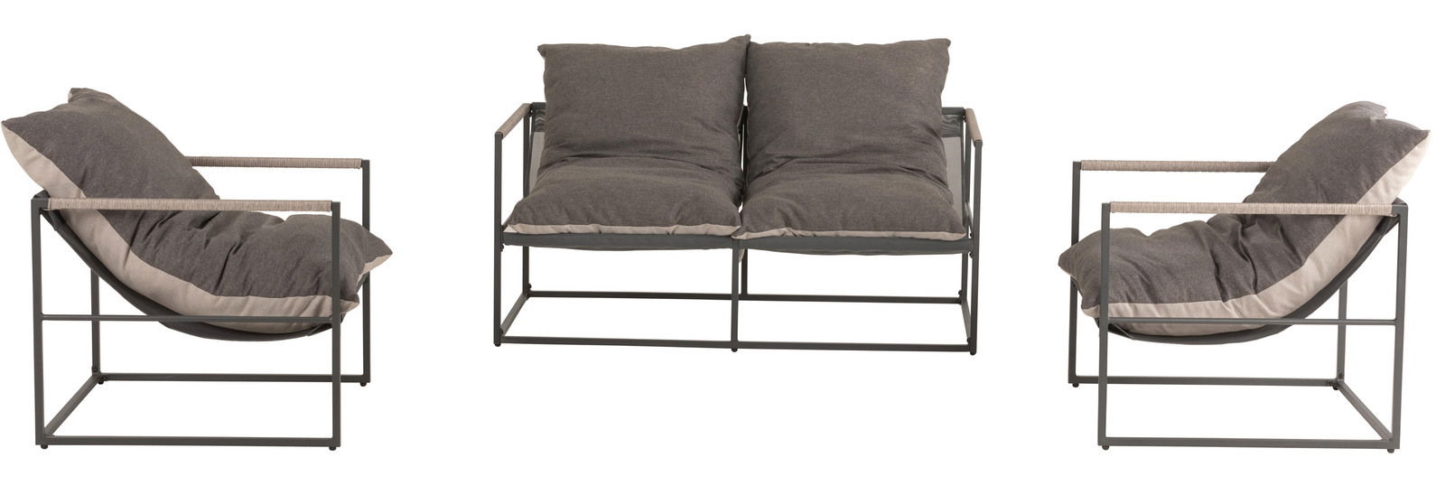 Dreiteiliges Lounge-Set mit einem 2-sitzigen Sofa und zwei Sesseln in modernem Design, frontal und seitlich abgebildet.