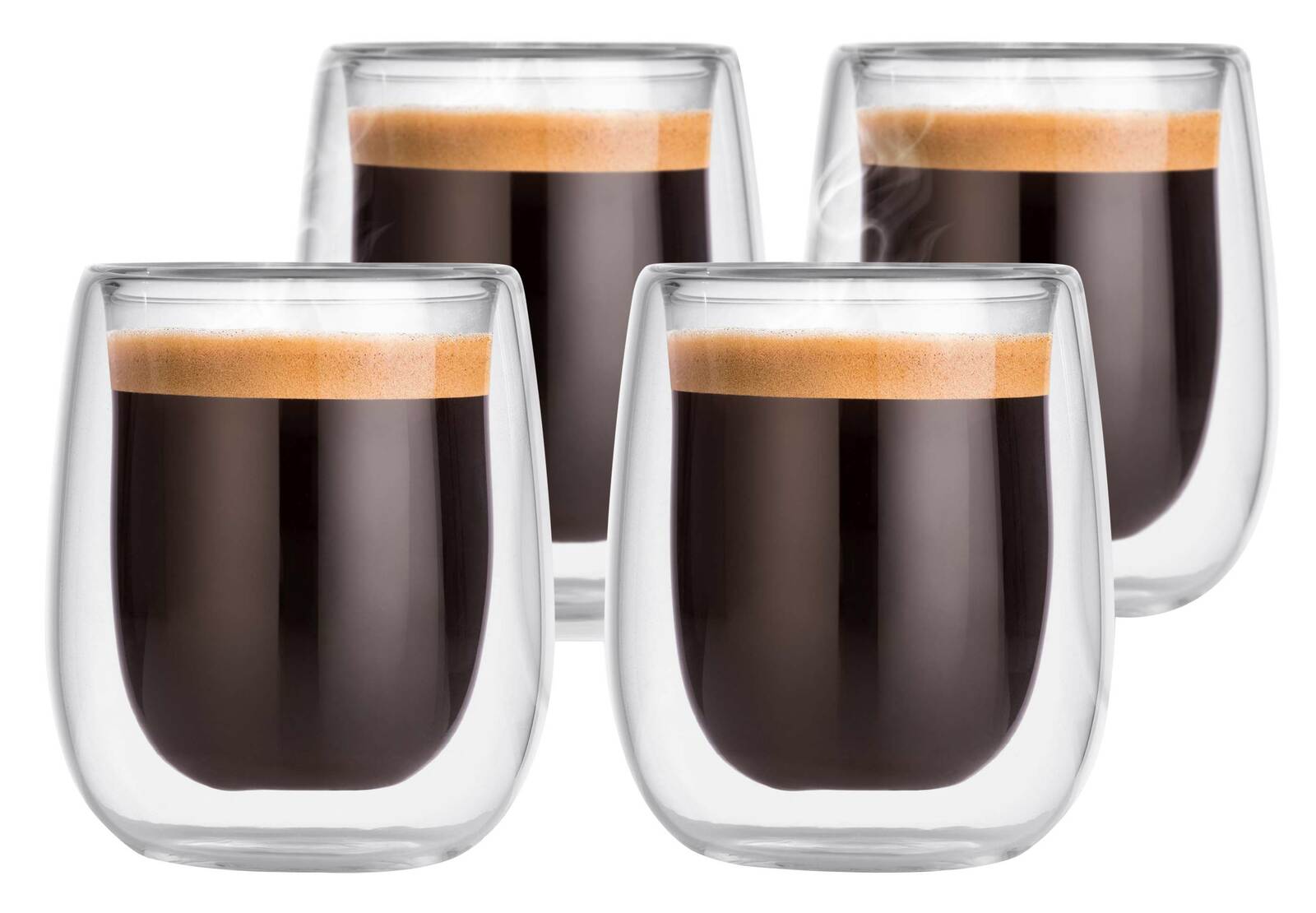 Vier doppelwandige Thermogläser mit Espresso, seitliche Perspektive