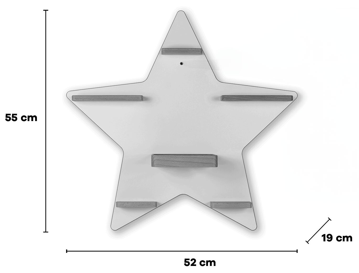 Sternförmiges Wandregal in Weiß mit fünf kleinen Holzablagen, Frontansicht; Maße ca. 55 cm hoch und 52 cm breit (Tiefe ca. 19 cm)