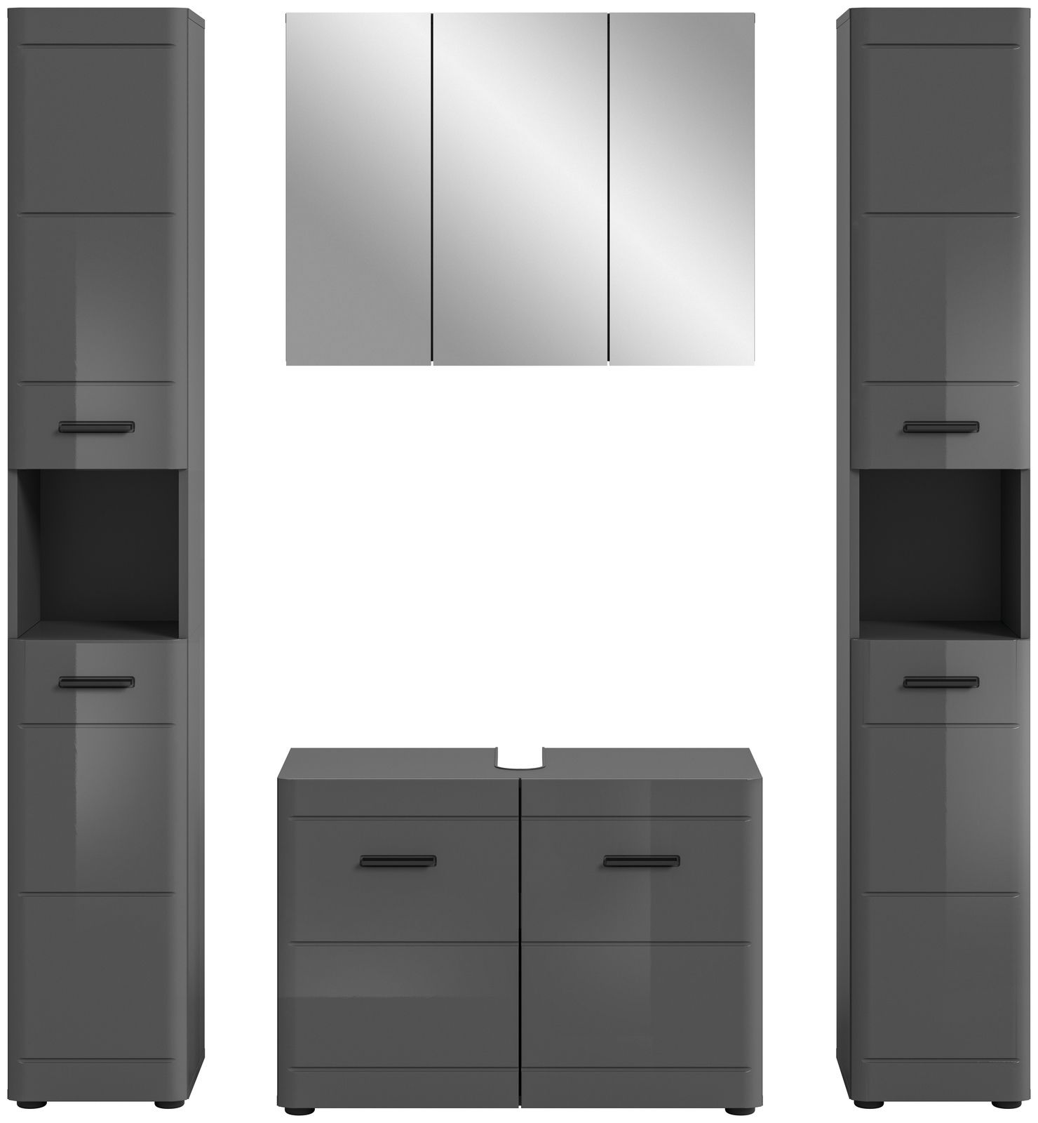 Moderne Badkombination in grauem Hochglanz mit zwei hohen Schränken, einem Waschbeckenunterschrank und einem dreiteiligen Spiegelschrank, frontal betrachtet.