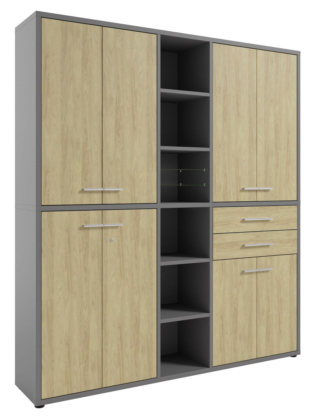 Moderner Aktenschrank in Holzoptik mit grauem Rahmen, zwei Türen und mehreren offenen Fächern, perspektivisch von vorne links betrachtet.