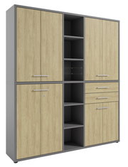 Moderner Aktenschrank in Holzoptik mit grauem Rahmen, zwei Türen und mehreren offenen Fächern, perspektivisch von vorne links betrachtet.