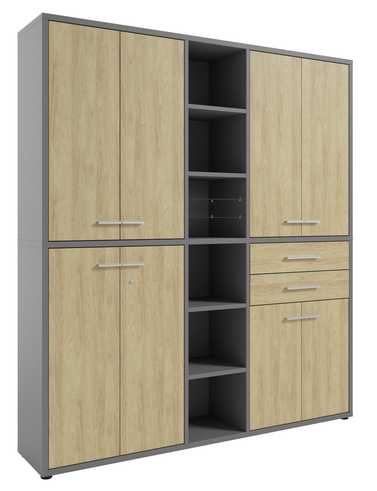 Moderne archiefkast in houtlook met grijs frame, twee deuren en meerdere open vakken, in perspectief gezien vanaf links vooraan.