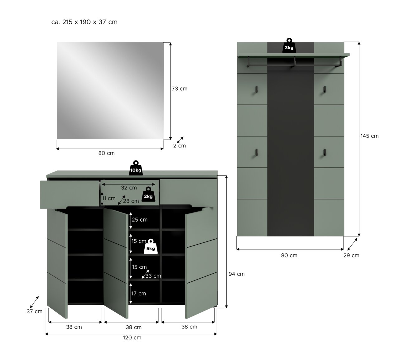 Maßgrafik eines Flurmöbel-Sets in Grau/Schwarz mit Spiegel (80×73×2 cm), Schuhschrank (120×94×37 cm) und Garderobenpaneel (80×145×29 cm) inklusive Innenaufteilung und Belastungsangaben, Frontansicht.