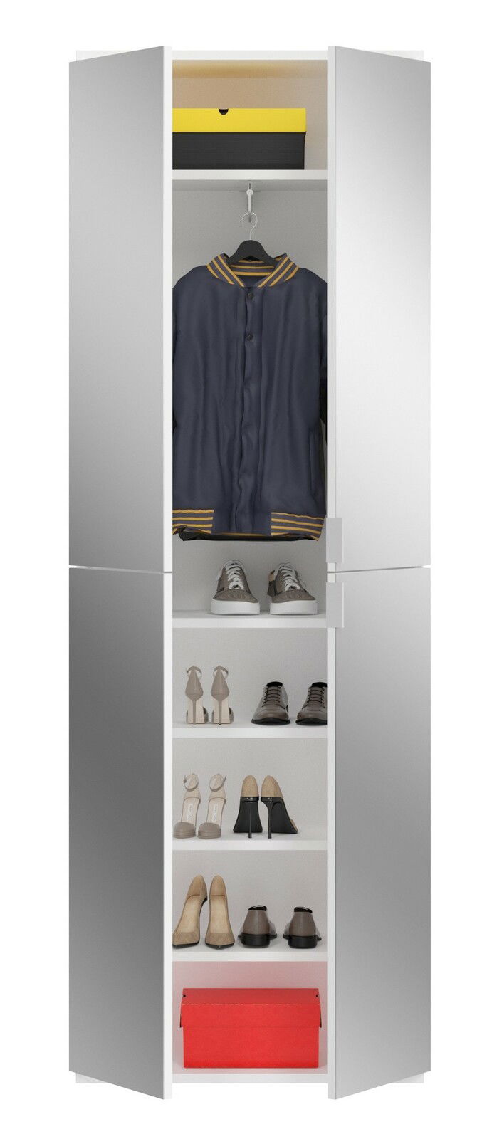 Garderobenkombination mit geöffneter Tür, zeigt eine Jacke, Schuhe und Aufbewahrungsboxen aus der Frontalperspektive.